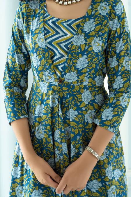 Rivaaj Clothing_Blue Hand Block Print Jacket And Kurta Set _at_Aza_Fashions