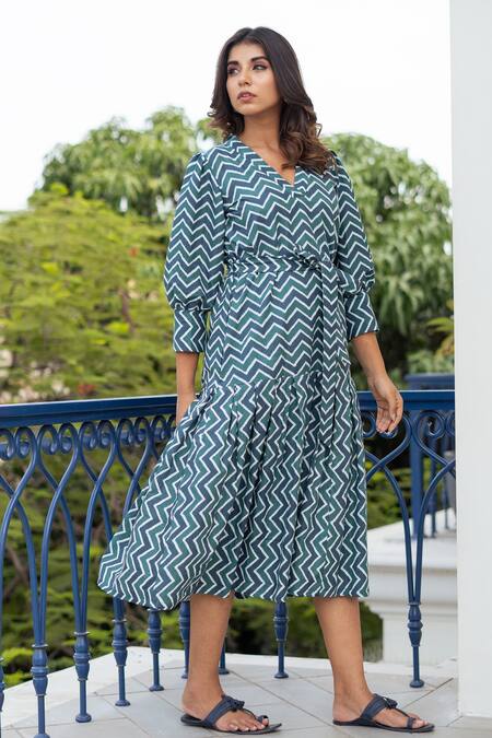 Rivaaj Clothing Blue Cotton Chevron Print Dress