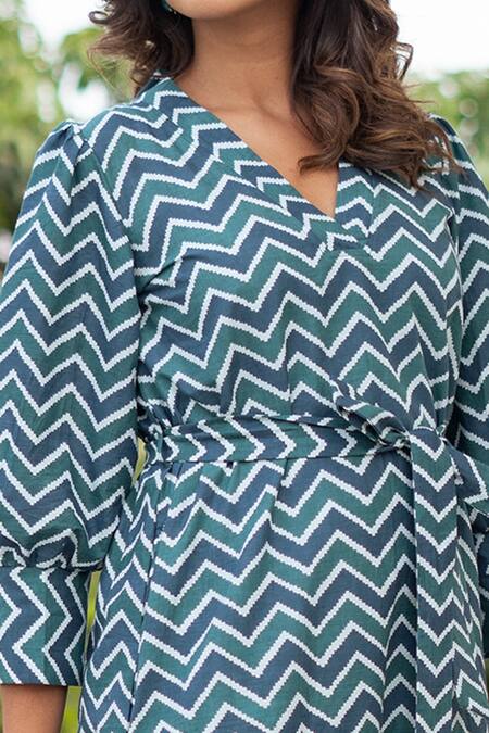 Shop Rivaaj Clothing Blue Cotton Chevron Print Dress at Aza Fashions Shop_Rivaaj Clothing_Blue Cotton Chevron Print Dress _at_Aza_Fashions