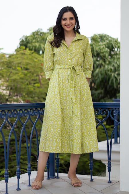 Rivaaj Clothing Green Floral Print Shirt Dress 