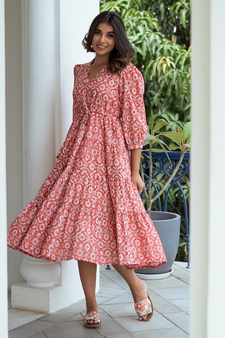 Buy Peach Cotton Printed Hand Block V Neck Tiered Dress For Women