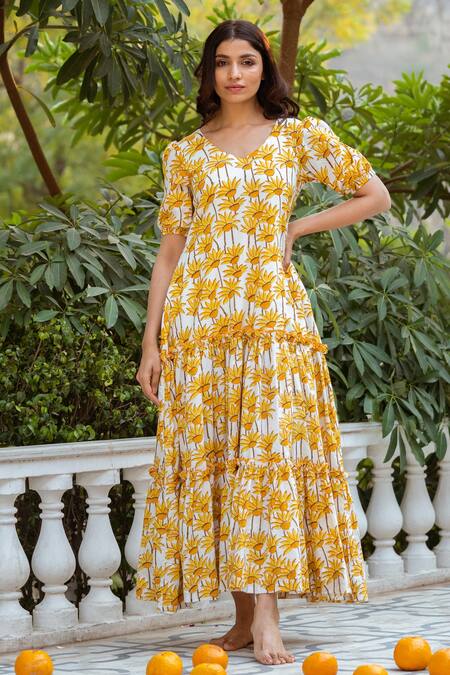 Buy_Rivaaj Clothing_Yellow Cotton Sunflower Print Dress _Online_at_Aza_Fashions
