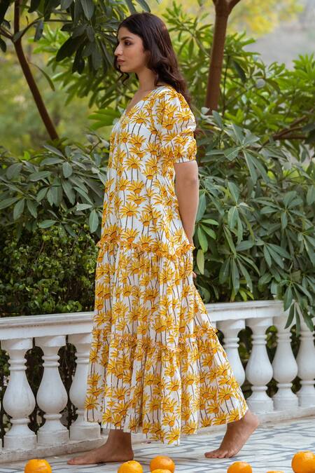Shop_Rivaaj Clothing_Yellow Cotton Sunflower Print Dress _Online_at_Aza_Fashions