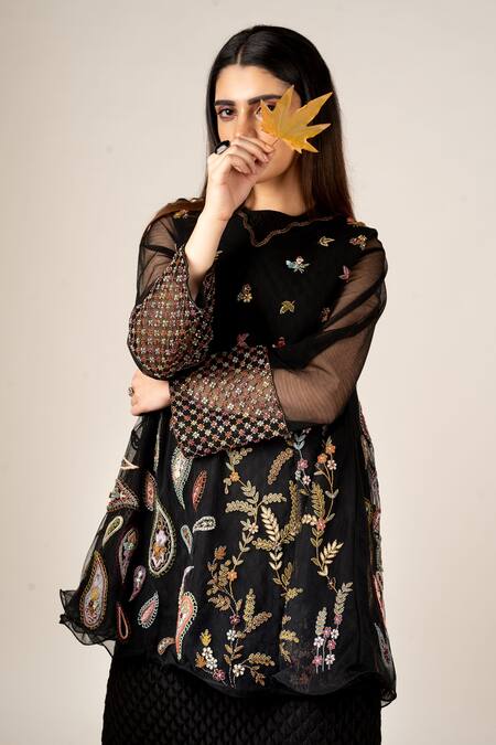 Oushk By Ussama Shabbir Black Tulle And Lining Quilted Chanderi Silk Embroidery Flared Top 