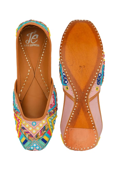 Shop_Jutti Express_Peach Embroidered Juttis _at_Aza_Fashions