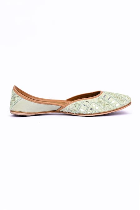 Jutti Express_Green Pista Mirror Embroidered Juttis _Online_at_Aza_Fashions