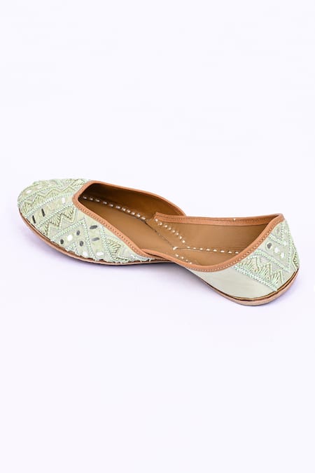 Buy_Jutti Express_Green Pista Mirror Embroidered Juttis _Online_at_Aza_Fashions