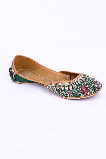 Shop_Jutti Express_Green Embroidered Leather Juttis _Online_at_Aza_Fashions