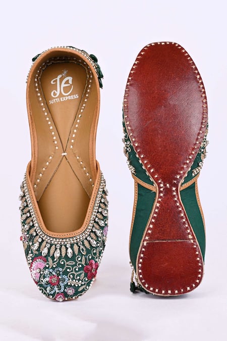 Jutti Express Embroidered Green Leather Juttis 