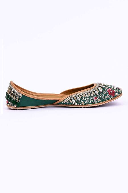 Jutti Express_Green Embroidered Leather Juttis _Online_at_Aza_Fashions