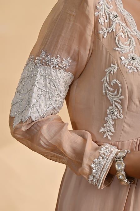 Shop Jyoti Sachdev Iyer Pink Chanderi And Modal Silk Sequin, Thread, Bead & Cutdana V Neck Asymmetric Gown Online at Aza Fashions Shop_Jyoti Sachdev Iyer_Pink Chanderi And Modal Silk Sequin, Thread, Bead & Cutdana V Neck Asymmetric Gown_Online_at_Aza_Fashions