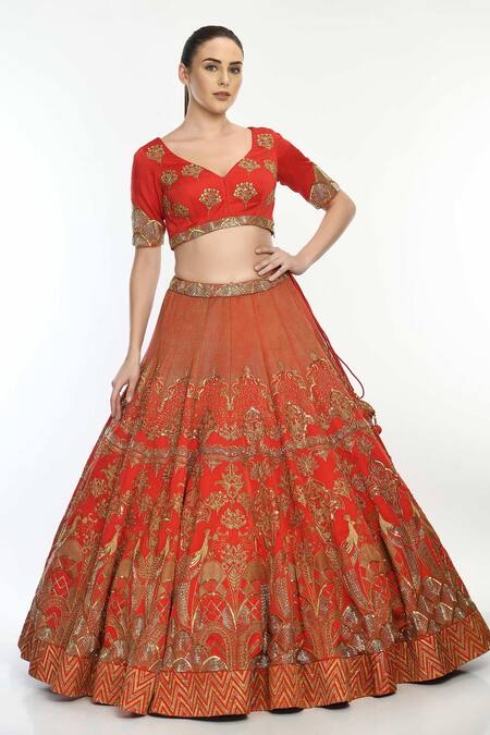 Moledro_Red Modal Satin, Butterfly Net Bird Layla Surkh Printed Bridal Lehenga Set_Online_at_Aza_Fashions