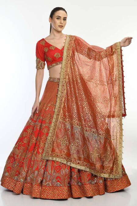 Buy_Moledro_Red Modal Satin, Butterfly Net Bird Layla Surkh Printed Bridal Lehenga Set_Online_at_Aza_Fashions