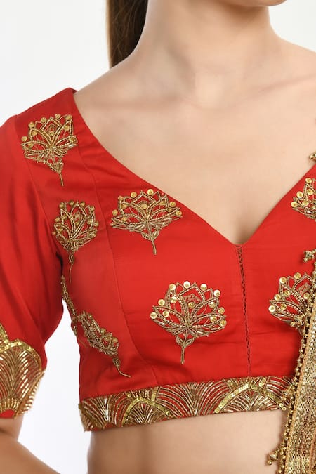 Moledro_Red Modal Satin, Butterfly Net Bird Layla Surkh Printed Bridal Lehenga Set_at_Aza_Fashions