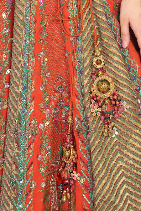 Moledro_Orange Modal Satin, Butterfly Net, Opada Dhaani Embroidered Bridal Lehenga Set_at_Aza_Fashions