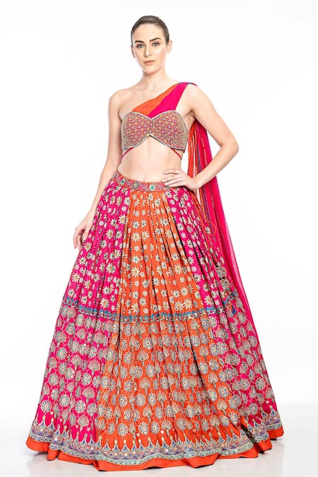 Moledro Orange Lehenga Chinon Embroidered Floral Motifs Ayra And Draped Blouse Set 