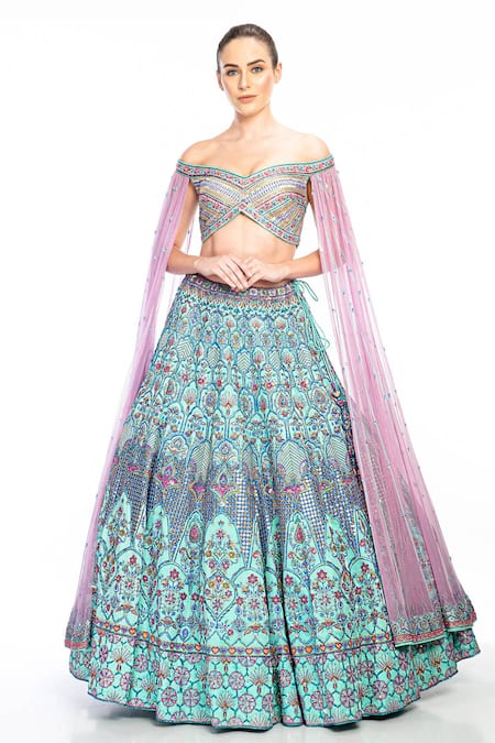 Moledro Blue Blouse Opada Silk And Cape Sleeve Butterfly Net, Lehenga Falak Off Set 
