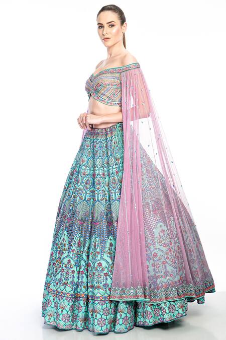 Moledro_Blue Blouse Opada Silk And Cape Sleeve Butterfly Net, Lehenga Falak Off Set_Online_at_Aza_Fashions