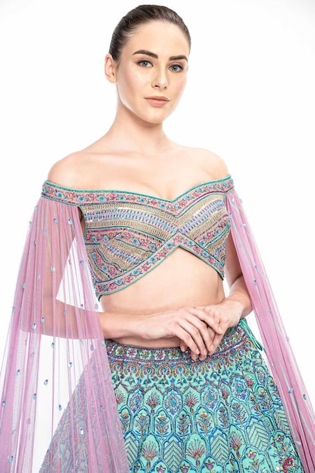 Buy_Moledro_Blue Blouse Opada Silk And Cape Sleeve Butterfly Net, Lehenga Falak Off Set_Online_at_Aza_Fashions
