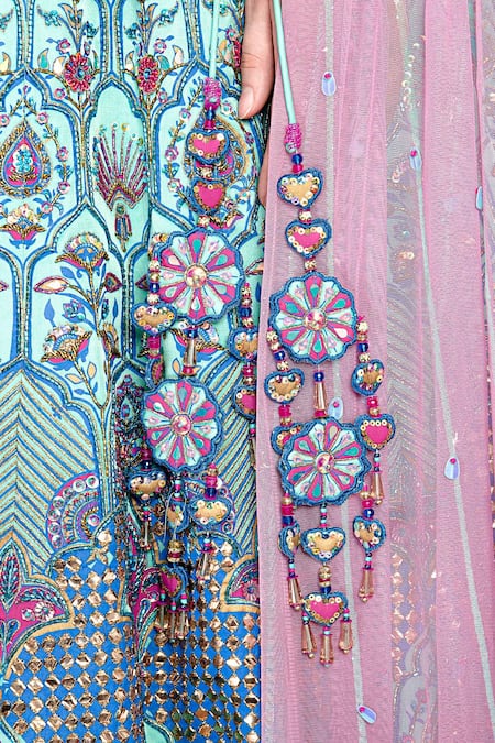 Shop_Moledro_Blue Blouse Opada Silk And Cape Sleeve Butterfly Net, Lehenga Falak Off Set_Online_at_Aza_Fashions