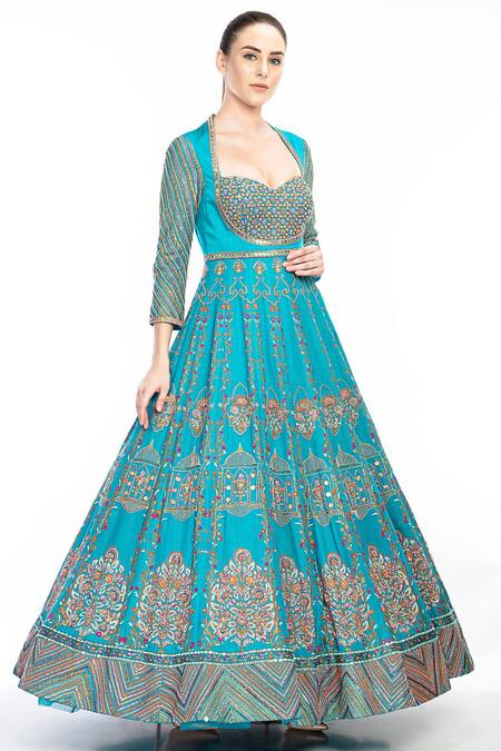 Moledro_Blue Modal Satin, Butterfly Net, Flat Liba Embroidered Anarkali With Dupatta_Online_at_Aza_Fashions