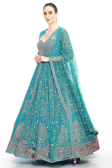 Buy_Moledro_Blue Modal Satin, Butterfly Net, Flat Liba Embroidered Anarkali With Dupatta_Online_at_Aza_Fashions