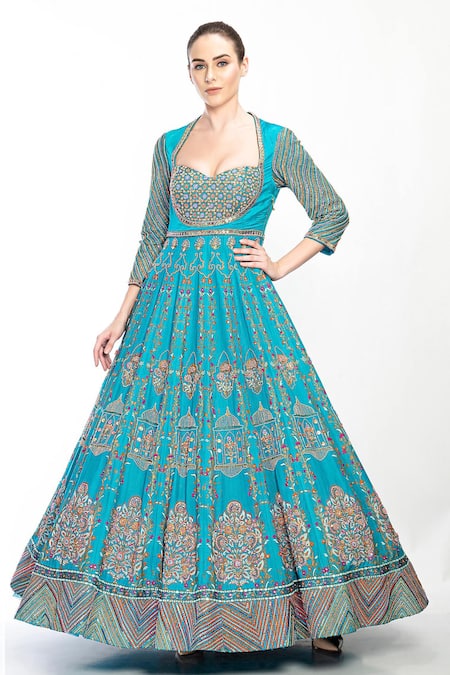 Shop_Moledro_Blue Modal Satin, Butterfly Net, Flat Liba Embroidered Anarkali With Dupatta_Online_at_Aza_Fashions