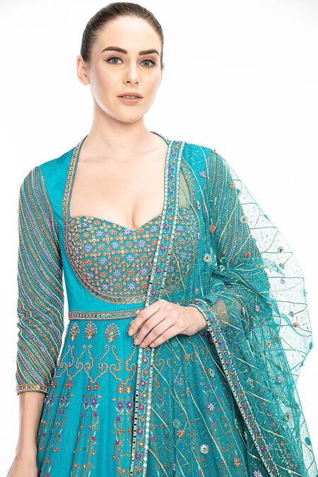 Moledro_Blue Modal Satin, Butterfly Net, Flat Liba Embroidered Anarkali With Dupatta_at_Aza_Fashions