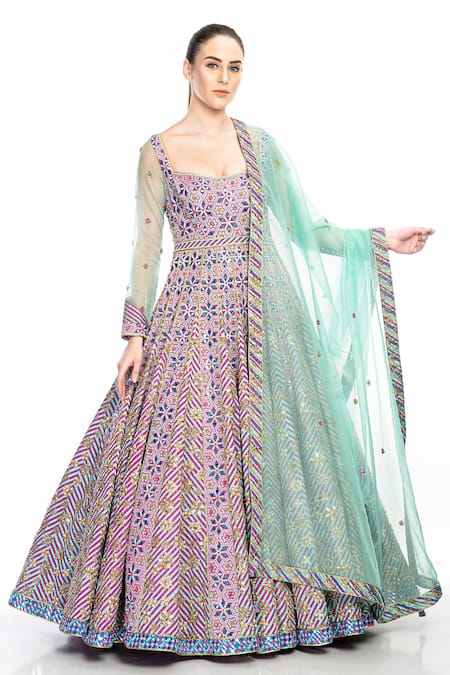 Moledro Purple Modal Satin Embroidered Floral Motifs Scoop Aqsa Anarkali And Dupatta 