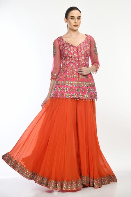 Moledro Orange Kurta Modal Satin, Sharara Flat Georgette And Dupatta Nafisa Set