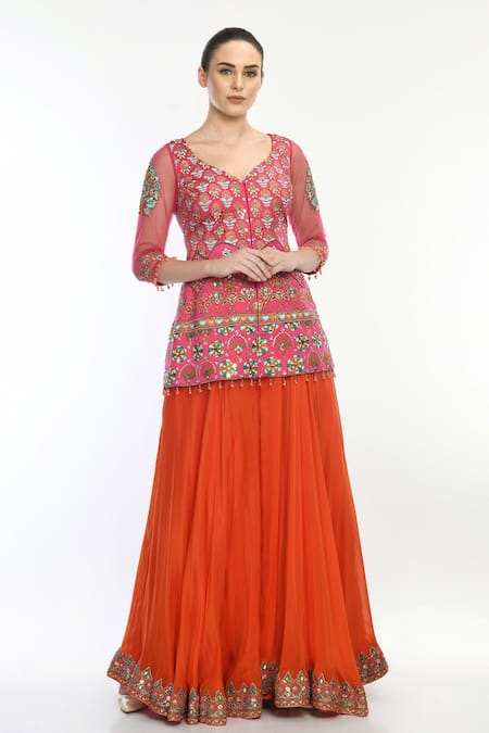 Buy_Moledro_Orange Kurta Modal Satin, Sharara Flat Georgette And Dupatta Nafisa Set_Online_at_Aza_Fashions