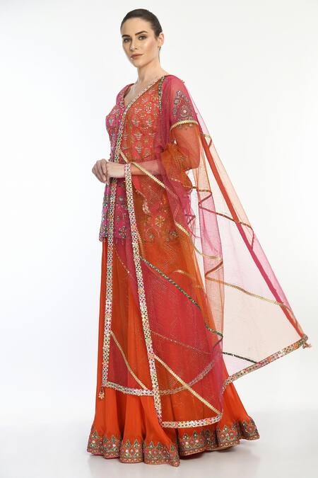 Shop_Moledro_Orange Kurta Modal Satin, Sharara Flat Georgette And Dupatta Nafisa Set_Online_at_Aza_Fashions