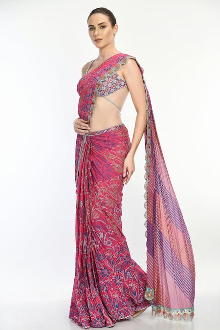 Buy_Moledro_Pink Bustier Modal Satin And Saree Chiffon Block Lynna Pre-pleated With Blouse_Online_at_Aza_Fashions