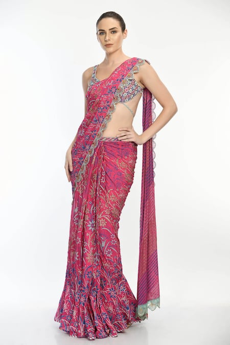 Shop_Moledro_Pink Bustier Modal Satin And Saree Chiffon Block Lynna Pre-pleated With Blouse_Online_at_Aza_Fashions