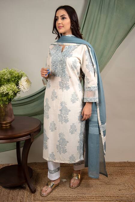 Priya Chaudhary Blue Cotton Block Print Kurta Pant Set