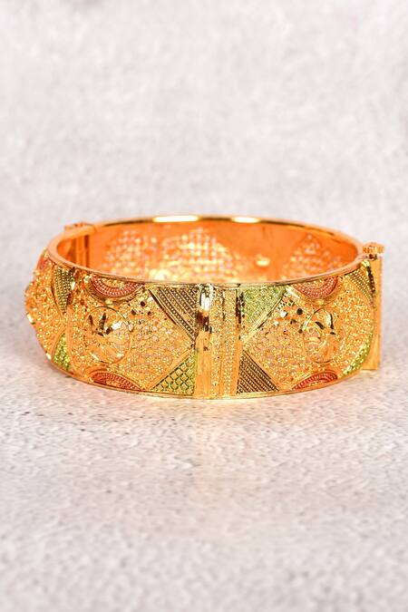 Shop_Nazaakat By Samara Singh_Gold Plated Stones Embellished Carved Bangle_Online_at_Aza_Fashions