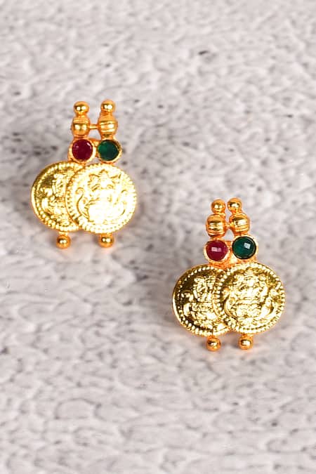 Samyukta Singhania_Gold Plated Stones Temple Coin Tassel Necklace Set _at_Aza_Fashions