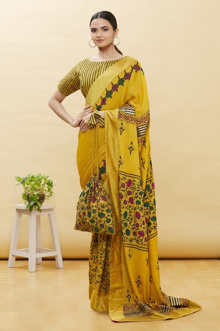 Mustard Yellow Handloom Maheshwari Silk Cotton Saree | Avishya.com