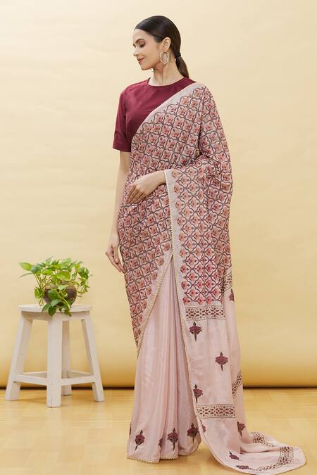 Samyukta Singhania_Pink Hand Block Print Saree With Blouse_Online_at_Aza_Fashions