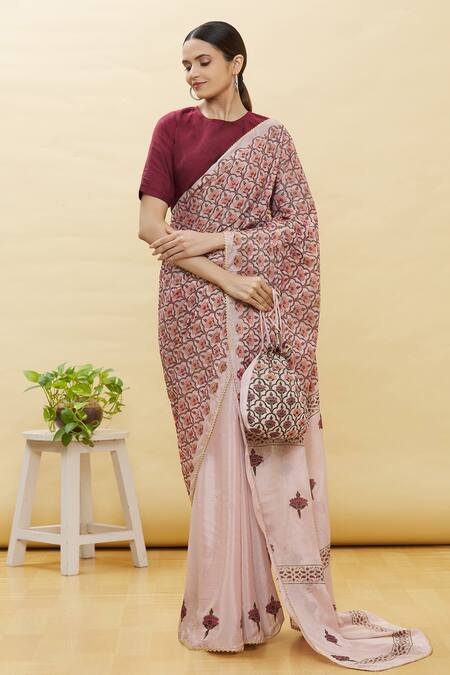 Buy_Samyukta Singhania_Pink Hand Block Print Saree With Blouse_Online_at_Aza_Fashions