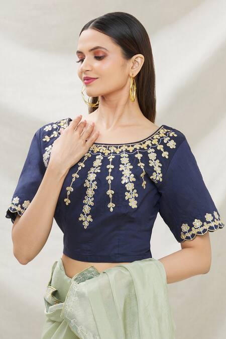 Samyukta Singhania_Blue Cotton Silklining Gota Work Blouse_Online_at_Aza_Fashions