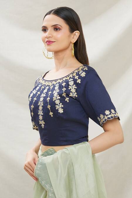 Buy_Samyukta Singhania_Blue Cotton Silklining Gota Work Blouse_Online_at_Aza_Fashions