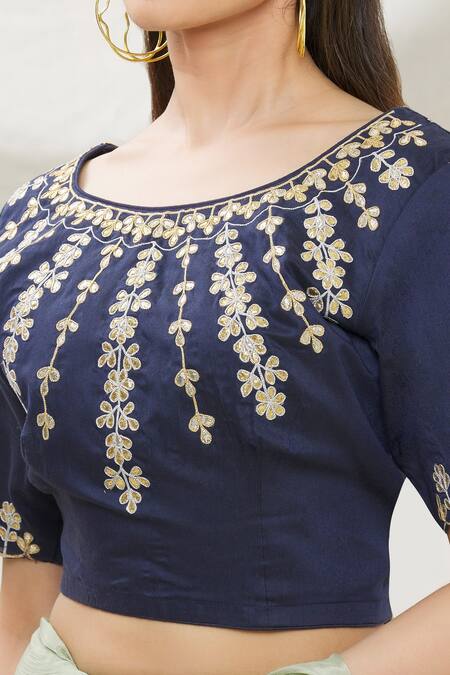 Shop_Samyukta Singhania_Blue Cotton Silklining Gota Work Blouse_Online_at_Aza_Fashions