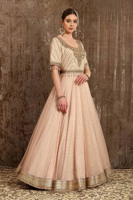 Shikhar Sharma Peach Net, Taffeta, Shantoon, Organza, Chanderi Anarkali With Dupatta Online at Aza Fashions Shikhar Sharma_Peach Net, Taffeta, Shantoon, Organza, Chanderi Anarkali With Dupatta _Online_at_Aza_Fashions