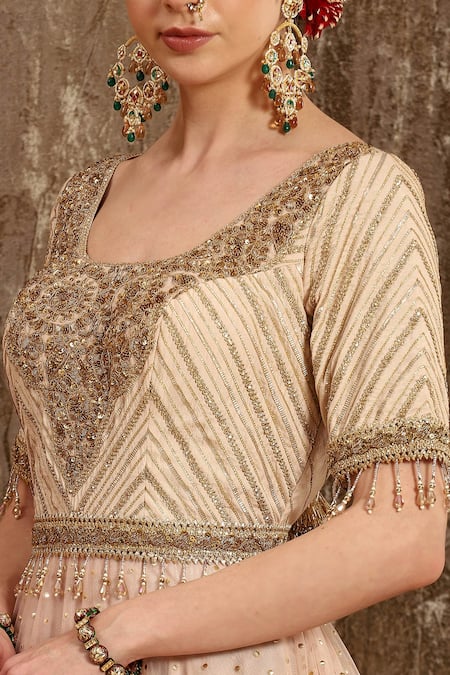 Shop Shikhar Sharma Peach Net, Taffeta, Shantoon, Organza, Chanderi Anarkali With Dupatta Online at Aza Fashions Shop_Shikhar Sharma_Peach Net, Taffeta, Shantoon, Organza, Chanderi Anarkali With Dupatta _Online_at_Aza_Fashions