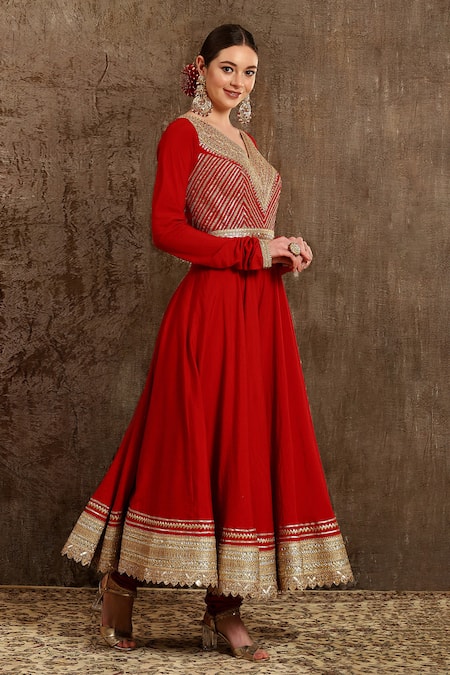 Shikhar Sharma_Red Net, Taffeta, Shantoon, Silk Chanderi Chevron, Dori, Zardozi V Anarkali Set _Online_at_Aza_Fashions