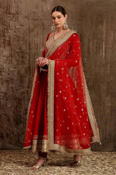 Buy_Shikhar Sharma_Red Net, Taffeta, Shantoon, Silk Chanderi Chevron, Dori, Zardozi V Anarkali Set _Online_at_Aza_Fashions