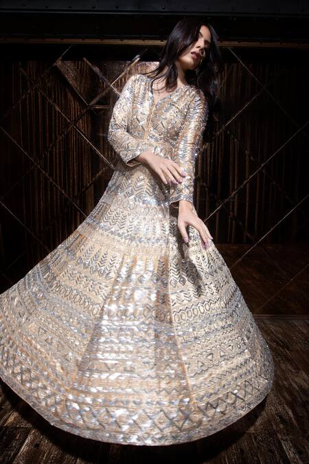 The Royaleum_Gold Crepe, Mashru Geometric, Sequin V Neck Embroidered Anarkali With Dupatta_Online_at_Aza_Fashions