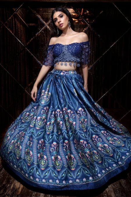 The Royaleum Blue Silk Floral Print Lehenga Set