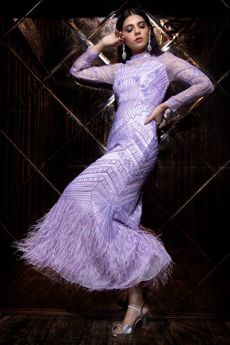 The Royaleum_Purple Organza Crystal, Cutdana, Geometric, Sequin, Feather Embellished Gown_Online_at_Aza_Fashions